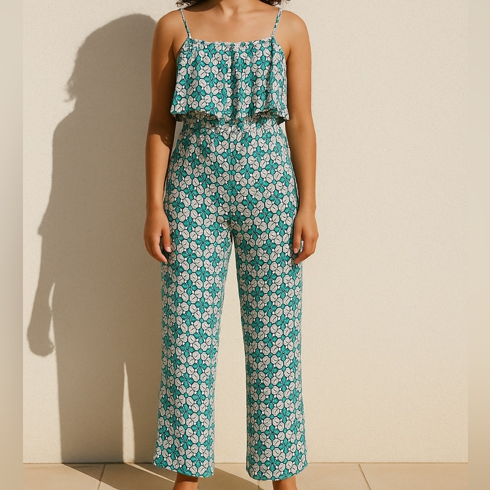 OVS Blue & White Floral Patterned Boho Tiered Jumpsuit Outdoor Women’s Small